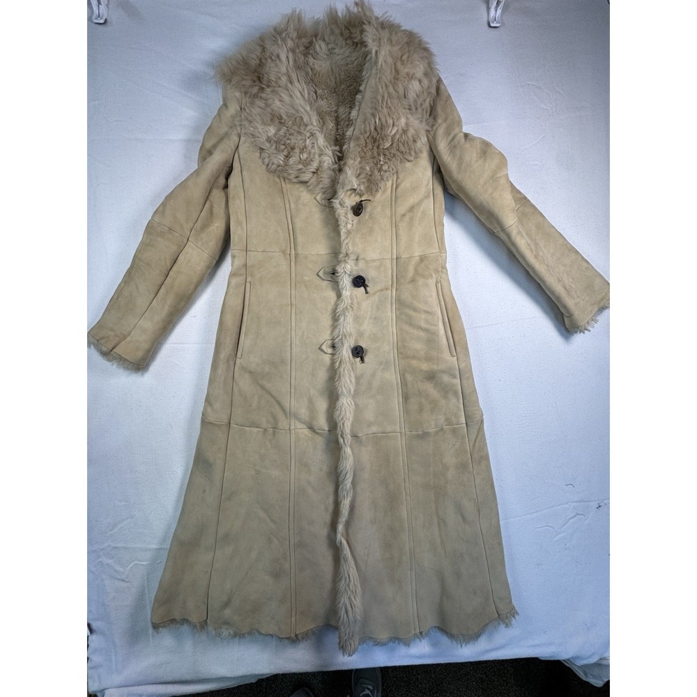 Max Mara Weekend‎ Line Shearling Coat Women Beige Genuine Leather Fur Lined Long